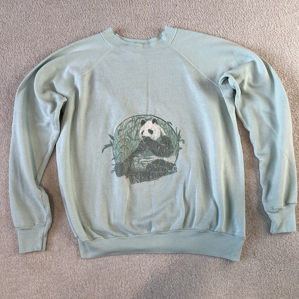 Vintage Crewneck Sweatshirt Panda Graphic Mint Green L USA Made Streetwear 90s